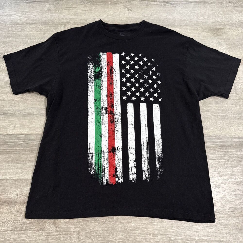 Italian American Flag Shirt Men's Black XL Distressed USA Patriotic 100% Cotton